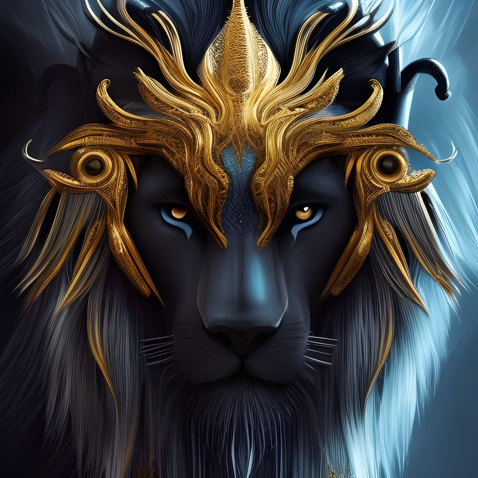 Sleek Black Lion Dragon Portrait in Animated Style