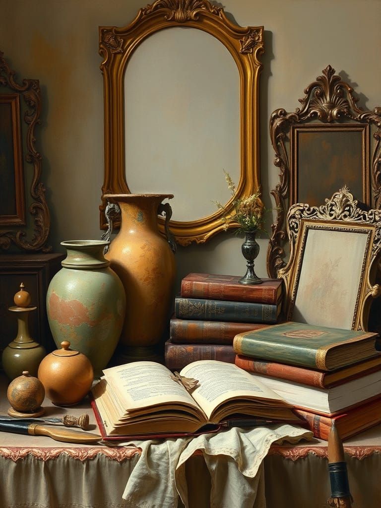 Whimsical Still Life of Antique Treasures in Warm, Golden Li...