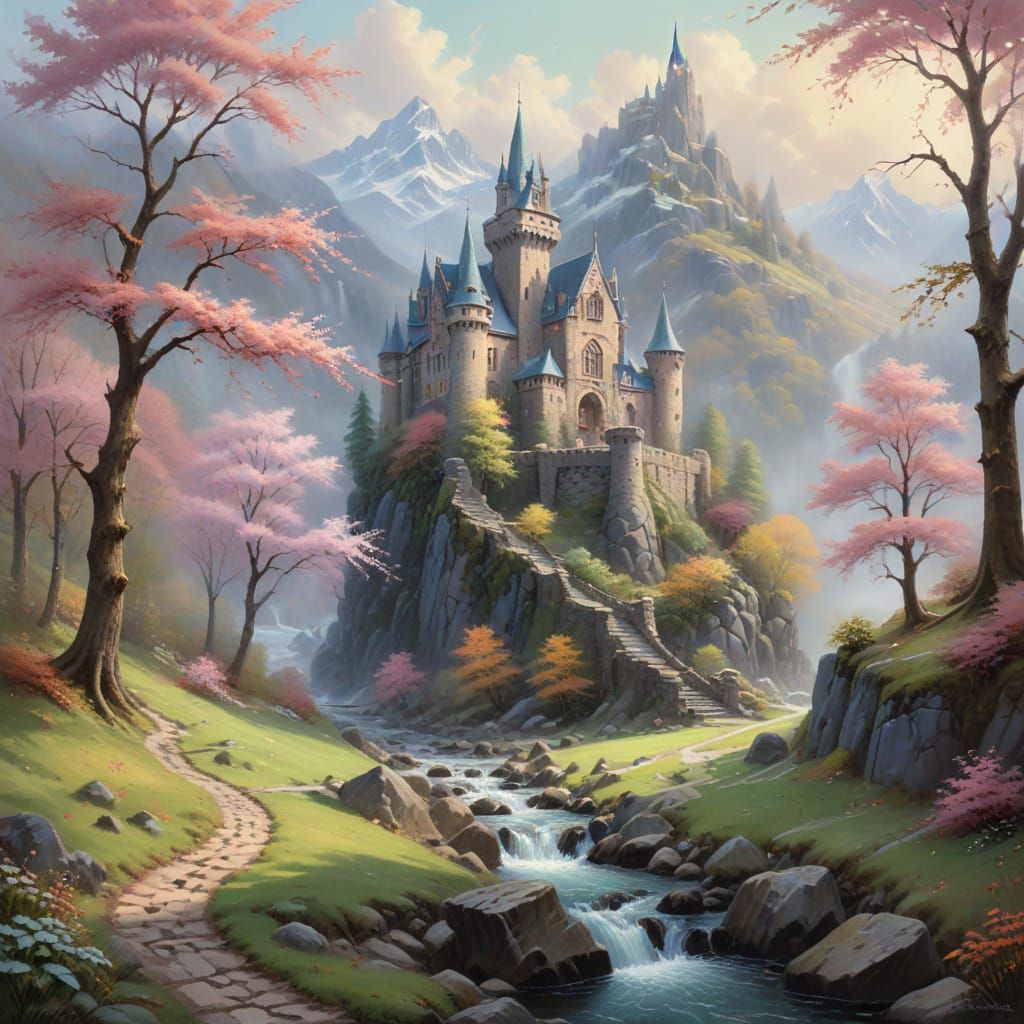 Vibrant Oil Painting of a Gothic Castle