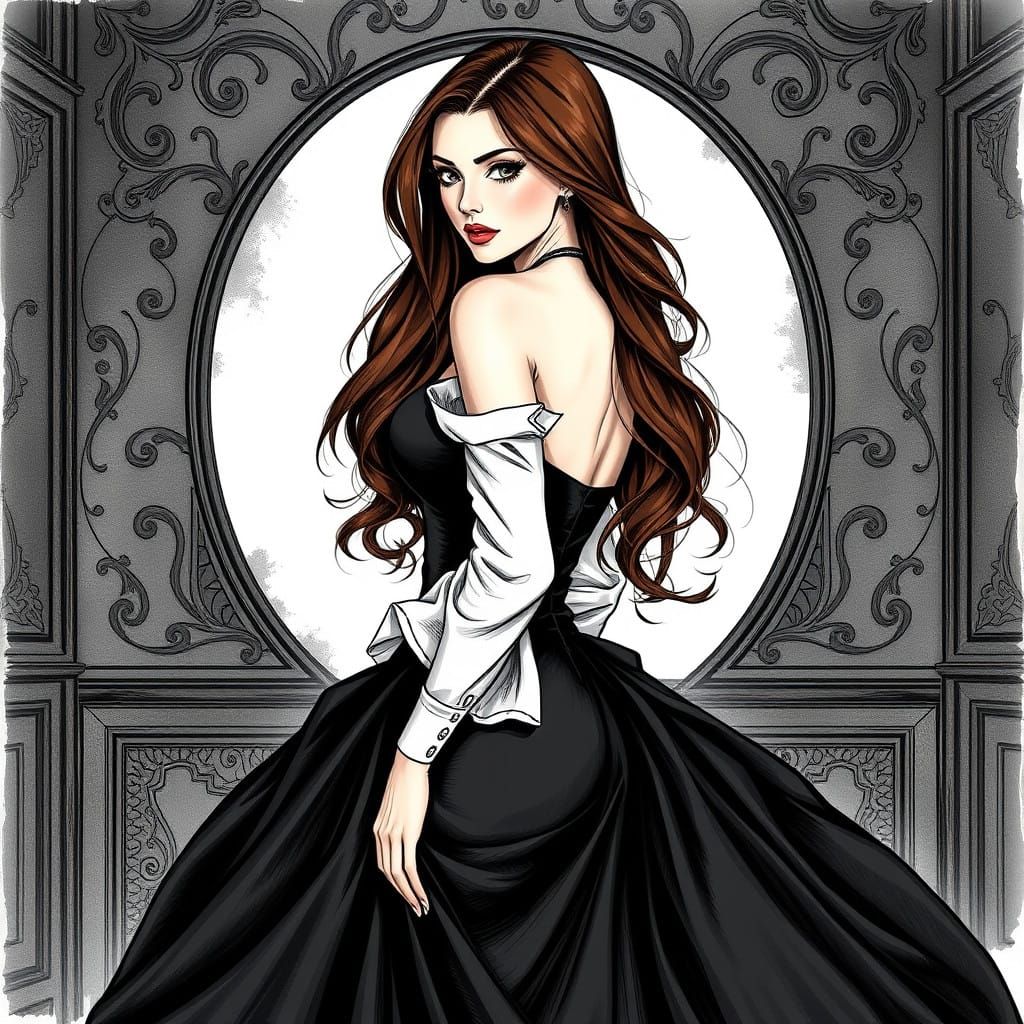 Elegant Woman in Contrasting Colors Ink Drawing