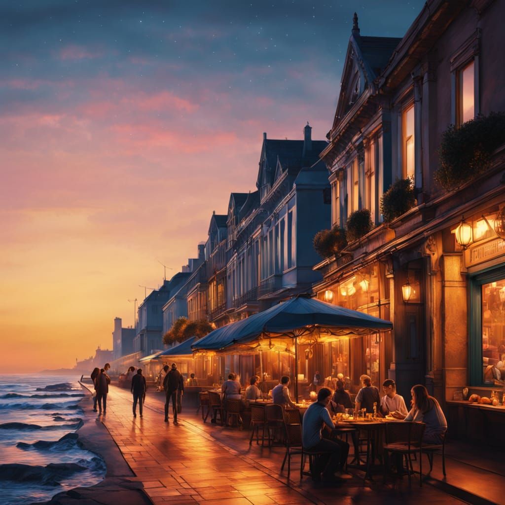 Vibrant Seaside Boulevard at Night in Oil Painting Style