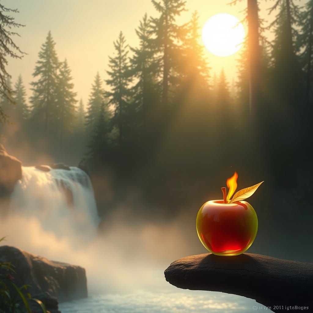 Ethereal Fire Burns in Glass Apple by Waterfall