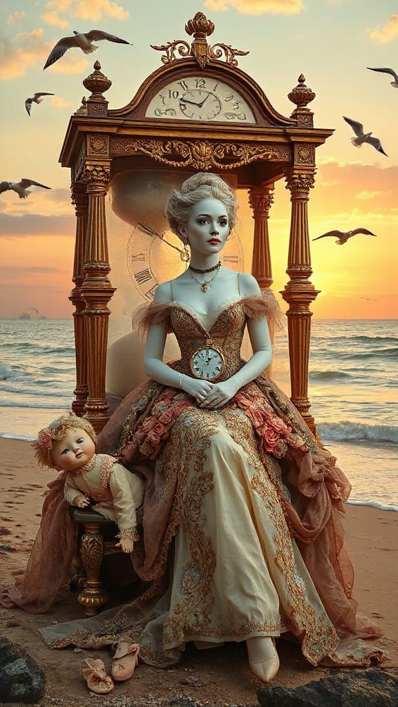 Surreal Lady Sits Serenely on Pendulum Clock, Adorned in Roc...