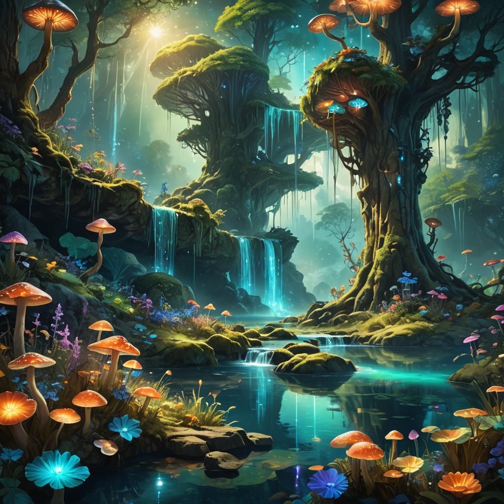 Enchanted Forest: Bioluminescent Waterfall in Fantasy Landsc...