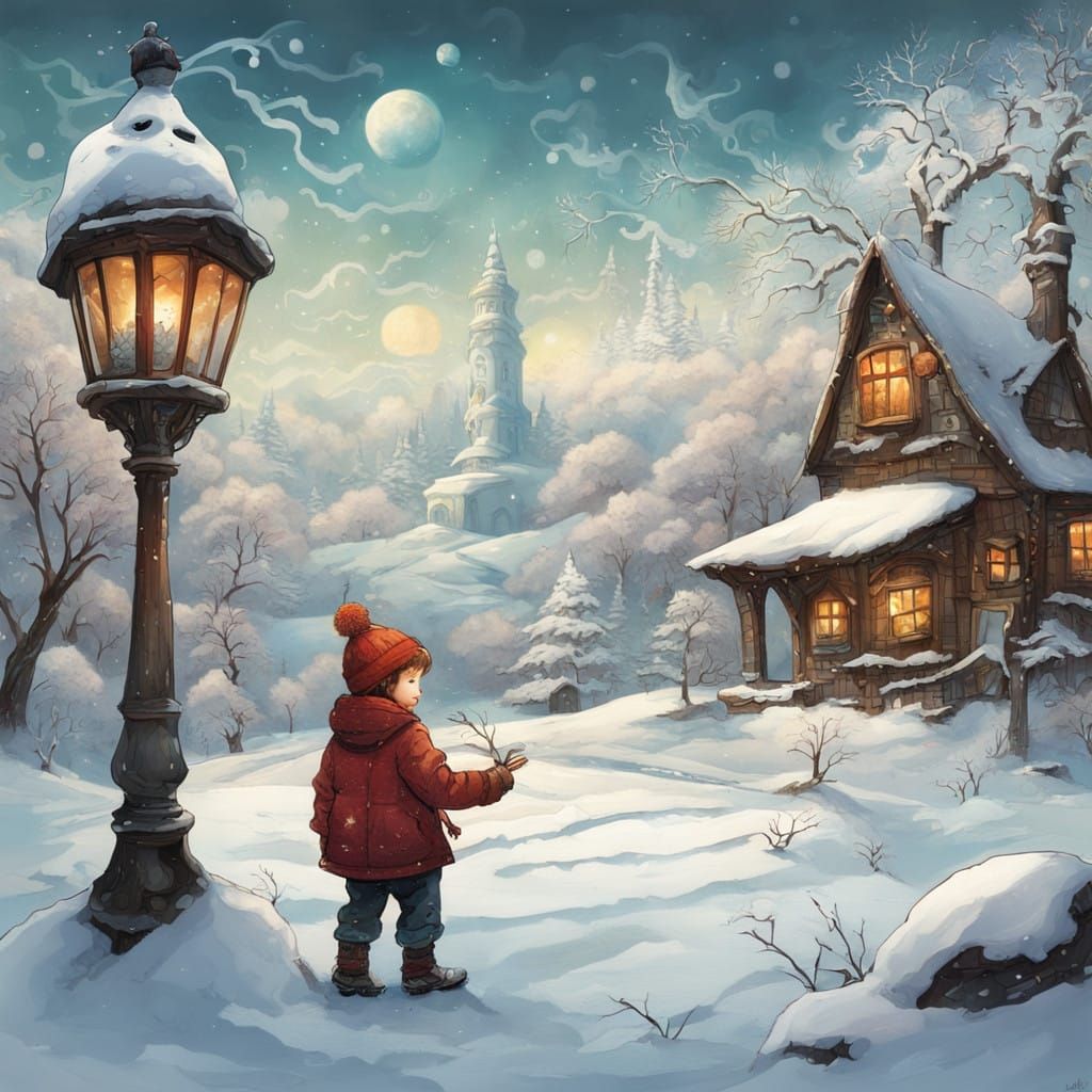 Whimsical Winter Scene of a Boy and Snowman
