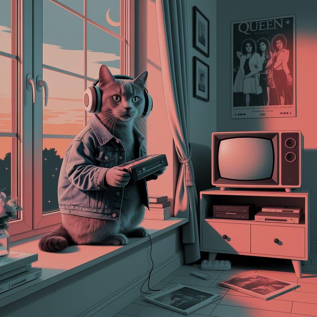 Cat in Denim Jacket Listening to Music