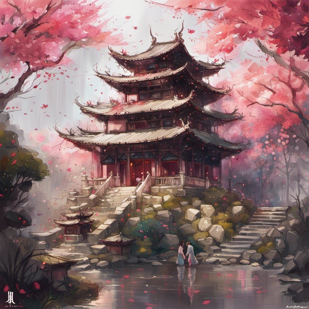 Chinese Temple and Sakura Garden in Vivid Colors