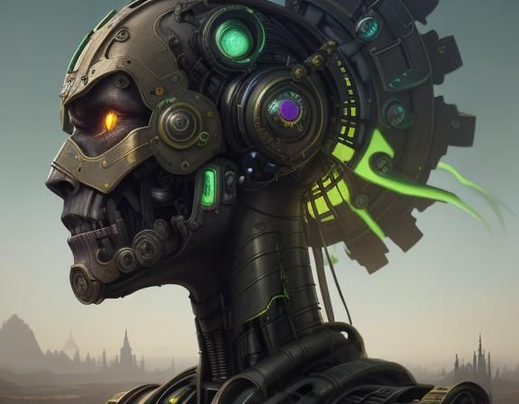 Steampunk Robot Portrait on Lime Background