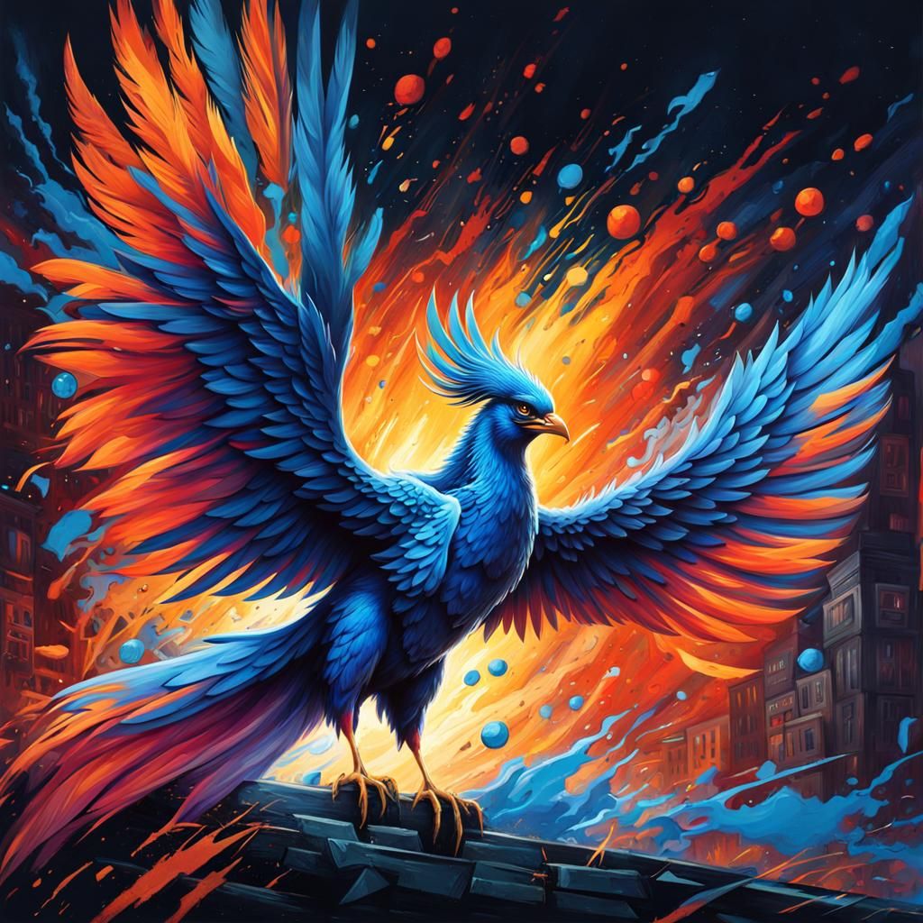 Blue Phoenix in Flight: Graffiti Art