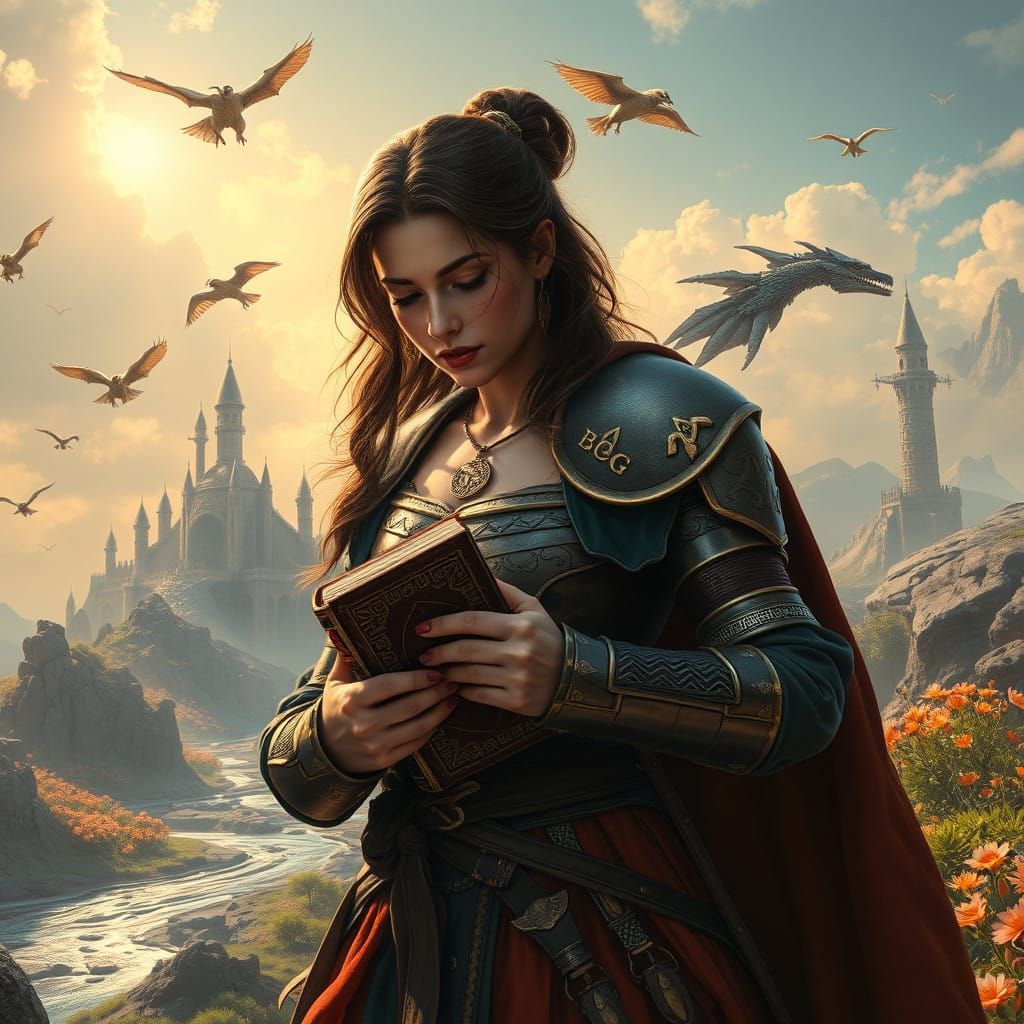 Warrior Queen Among Crystal Towers and Dragon Machines as Su...