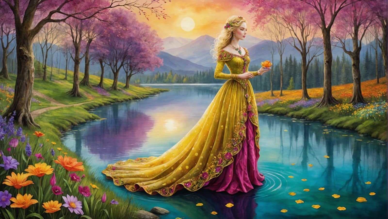 Alcohol Ink Art: Woman by River in Vivid Colors