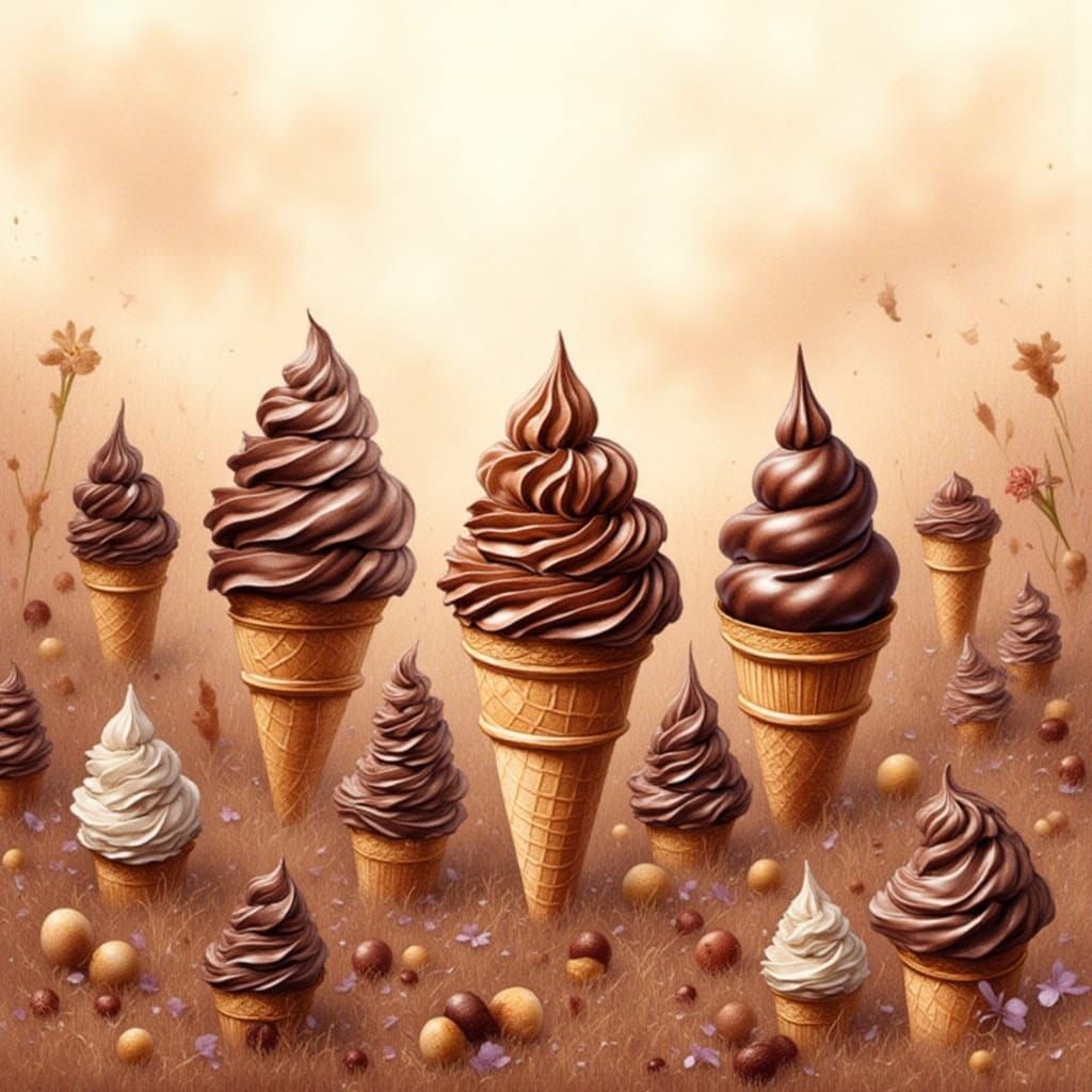 Chocolate Ice Cream Cone Field in Watercolour