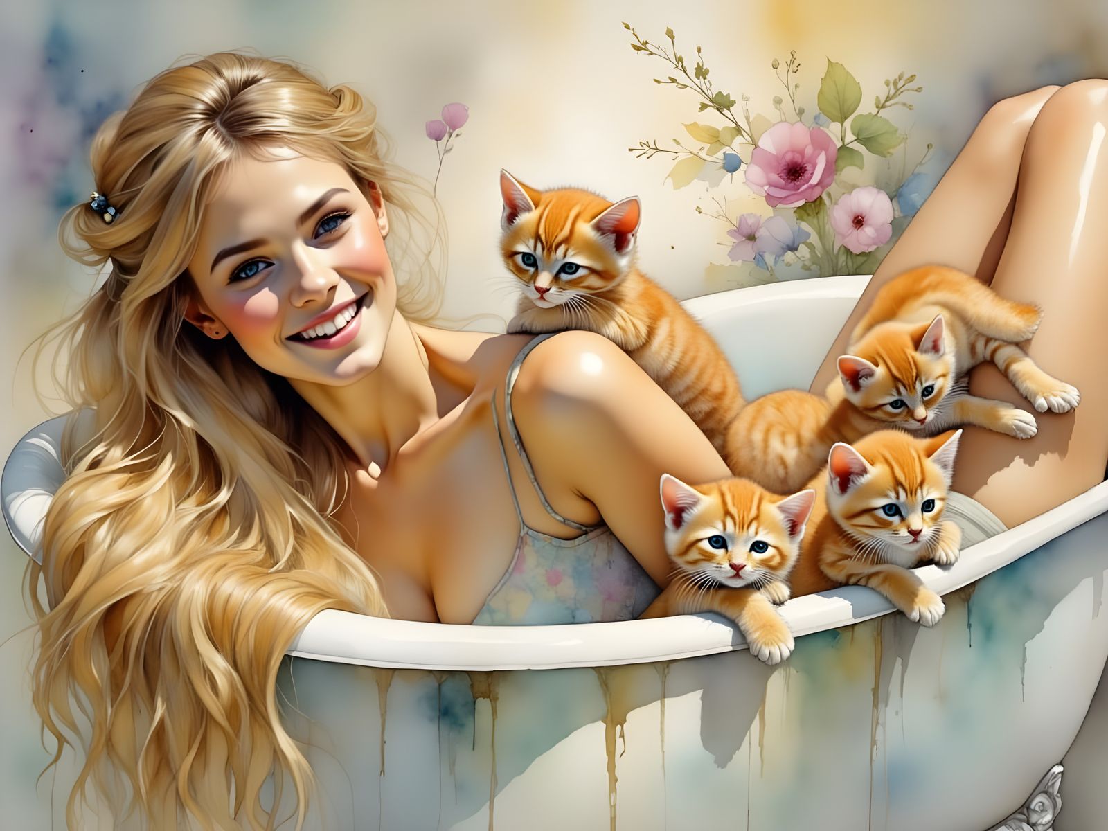Woman in Bath Surrounded by Playful Kittens in a Painterly S...