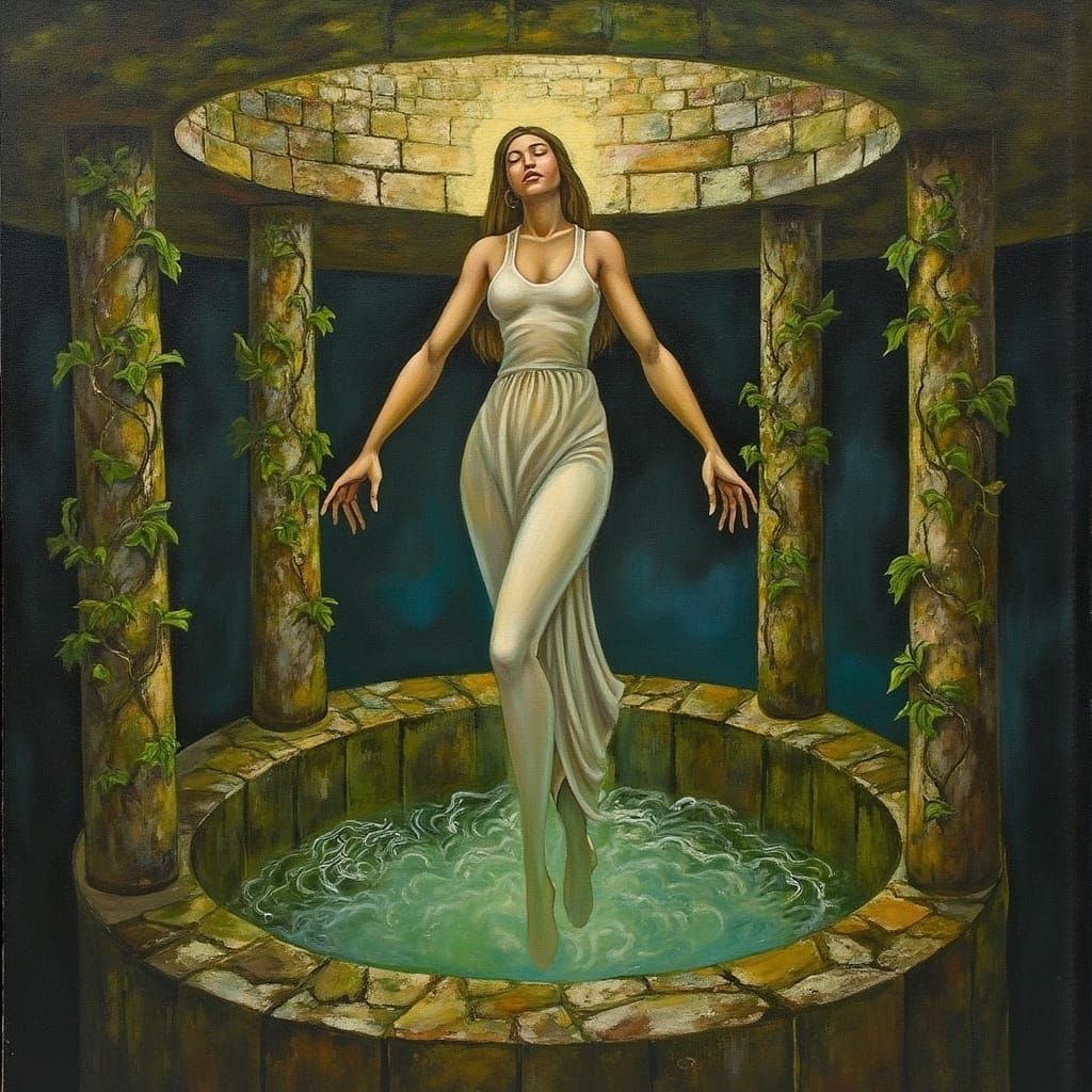 Surreal Woman Descends into a Glowing Well amidst Greenery a...