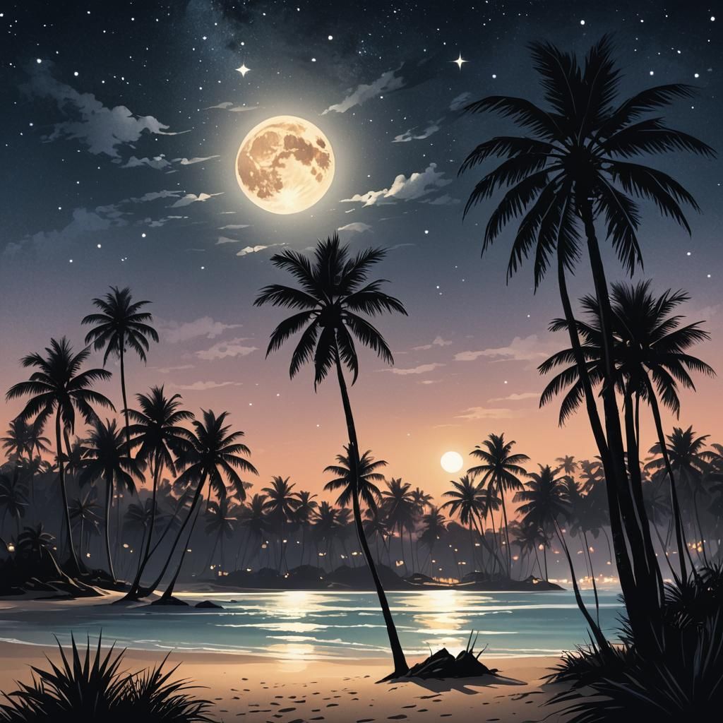 Moonlit Palms: A Serene Beach at Night Illustration