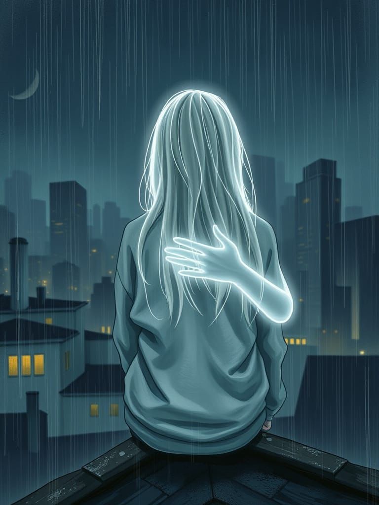 Rainy Night Rooftop Encounter in Art Fantasy Style