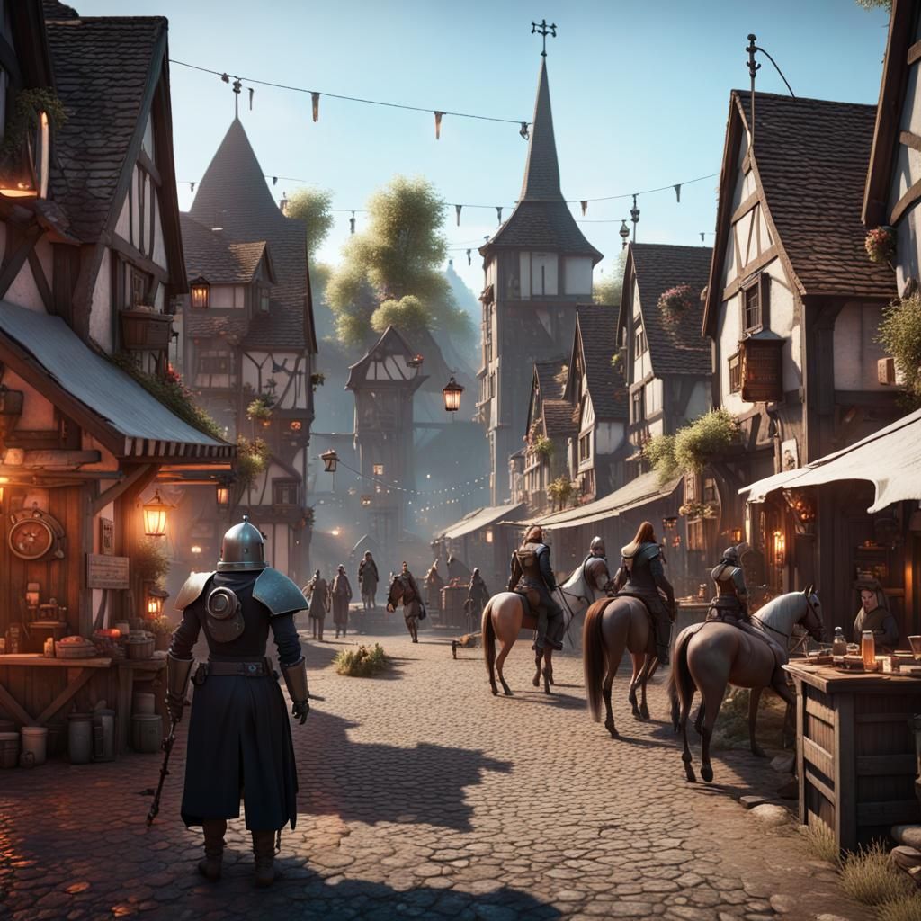 Futurepunk Medieval Village with Droid and Neon Signs