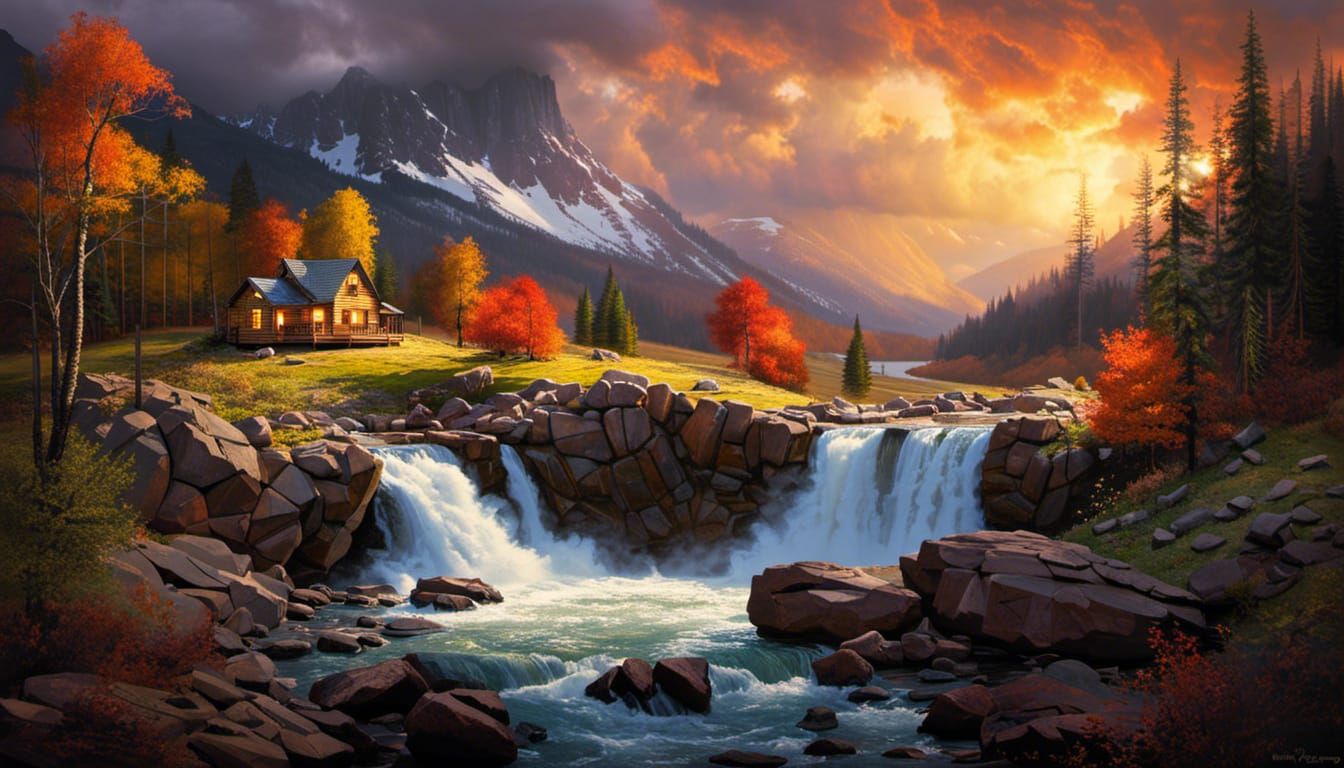 Cozy Cabin Beside Waterfalls at Sunset