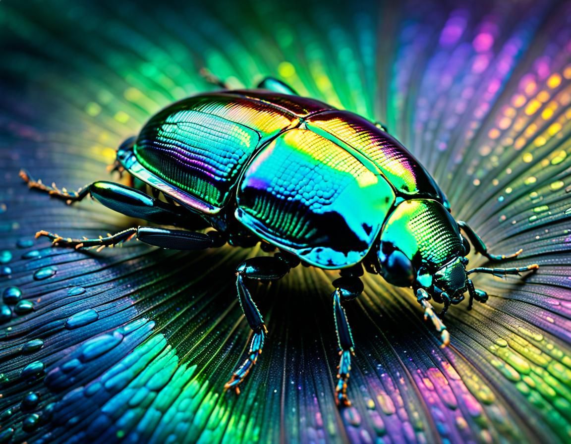 Iridescent Beetle with Reflective Oil-Spill Background