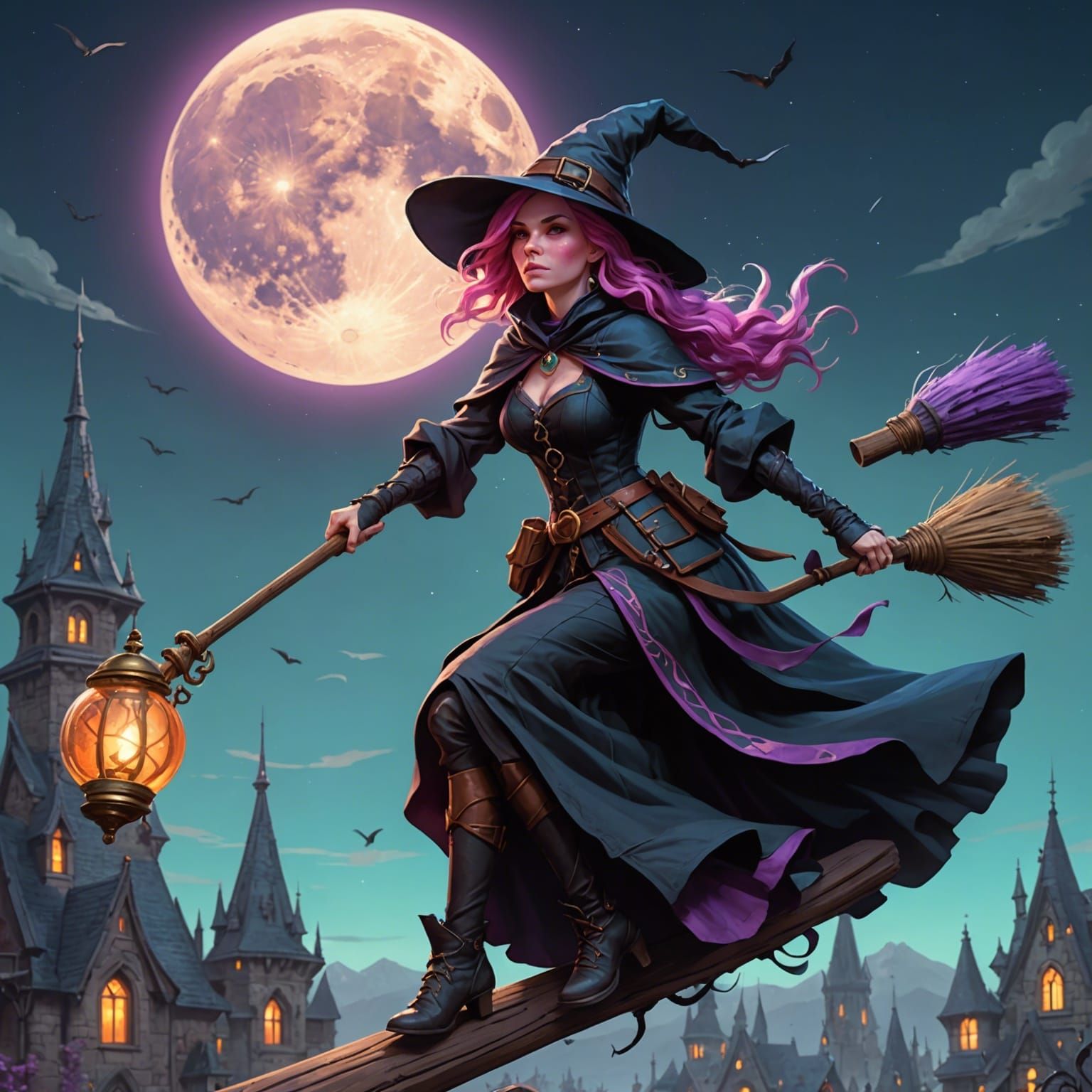 Pink-Haired Witch Rides Broom in Moonlight