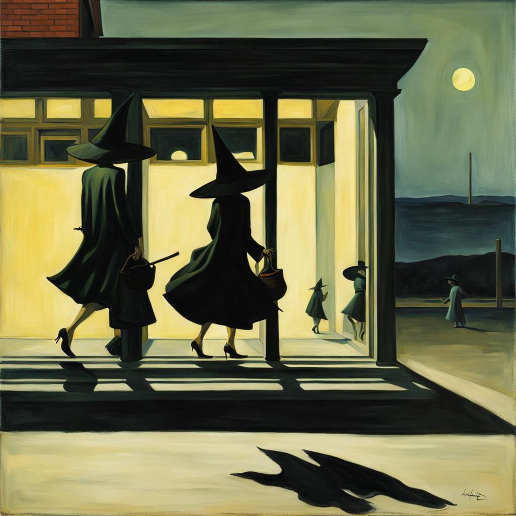 Witches in a Cityscape, Inspired by Hopper