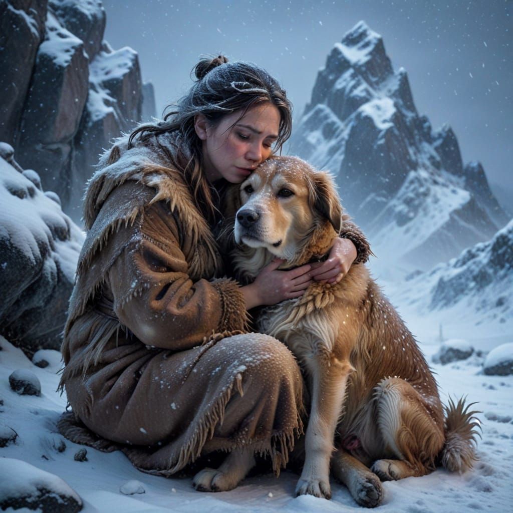 Cavewoman and Dog in Freezing Snowstorm