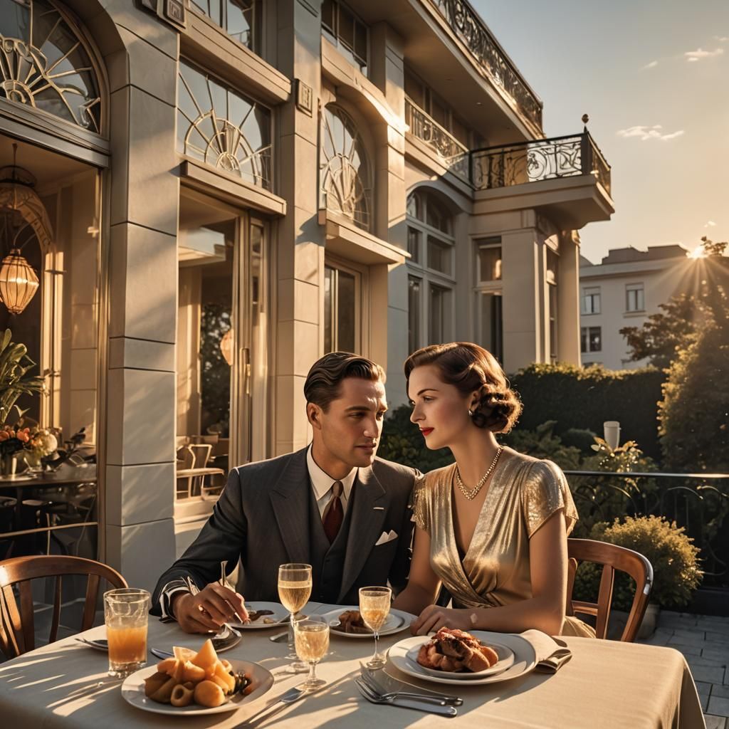 Stylish Couple Dine Al Fresco in Art Deco Setting
