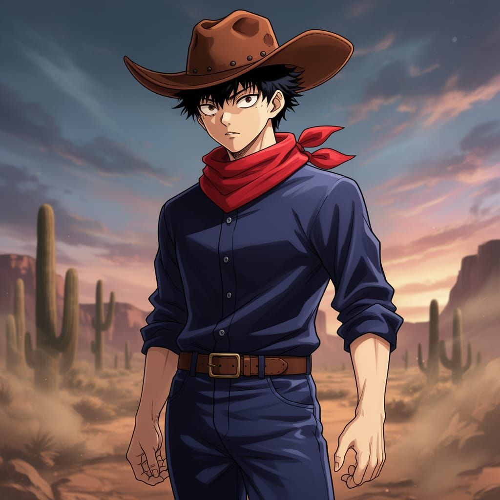 Yuji Itadori as a Cowboy in Vibrant Anime Style