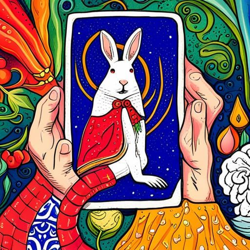 Rabbit in Tarot Card Style, Hand-Drawn