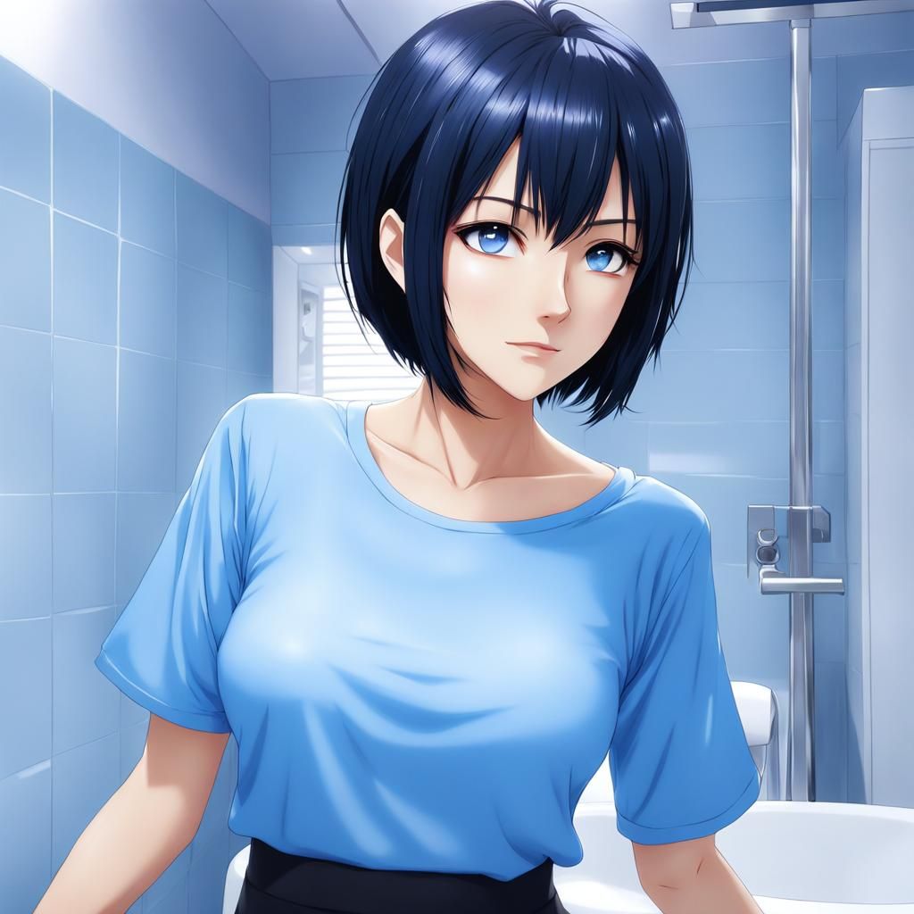 Anime Woman in Bathroom, Manga Art Style