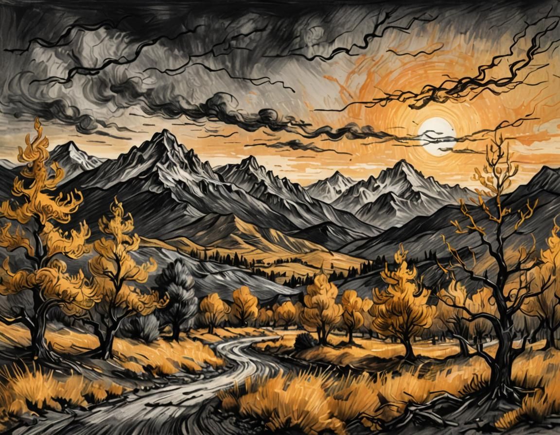 Fantastical Landscape in Expressive Charcoal Style
