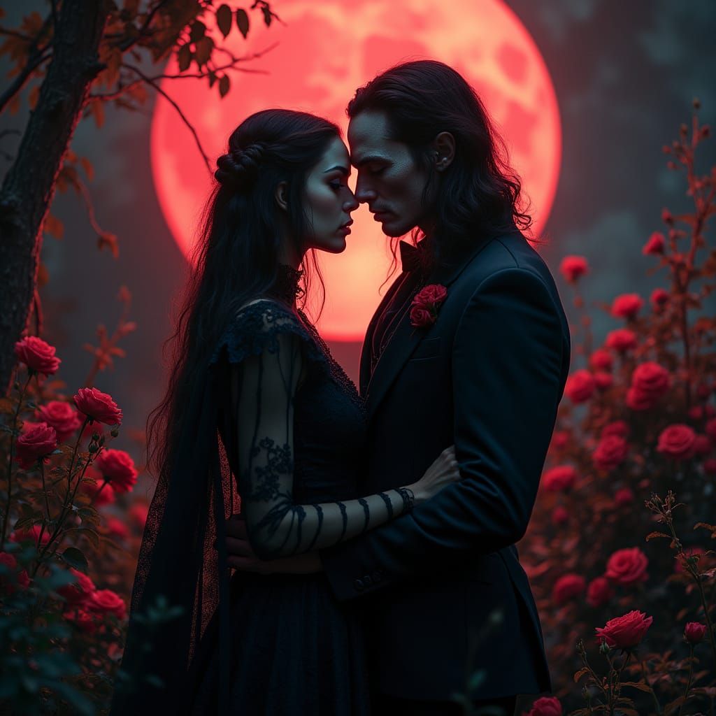 Vampire and Werewolf Embrace in Gothic Moonlight