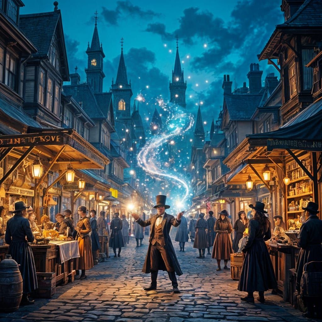 Victorian Marketplace at Twilight with Magical Illusions