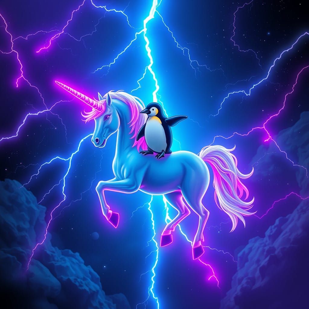 Neon Unicorn Soars Through Space with Penguin Companion