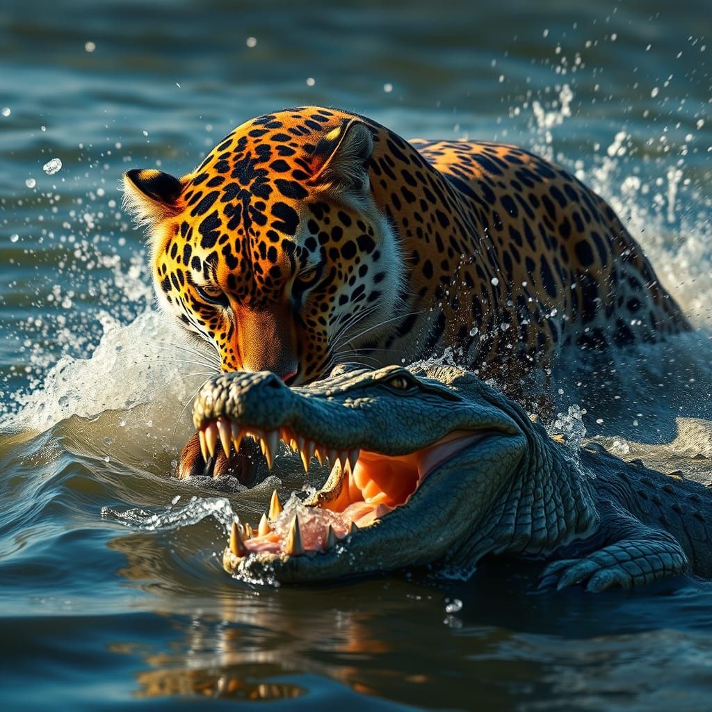 Jaguar Battles Crocodile in Turbulent River Landscape