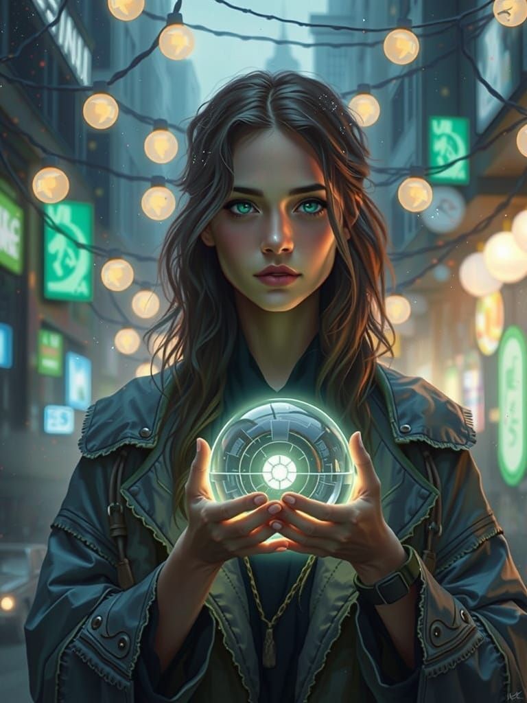 Woman with Glowing Orb in Cyberpunk Cityscape