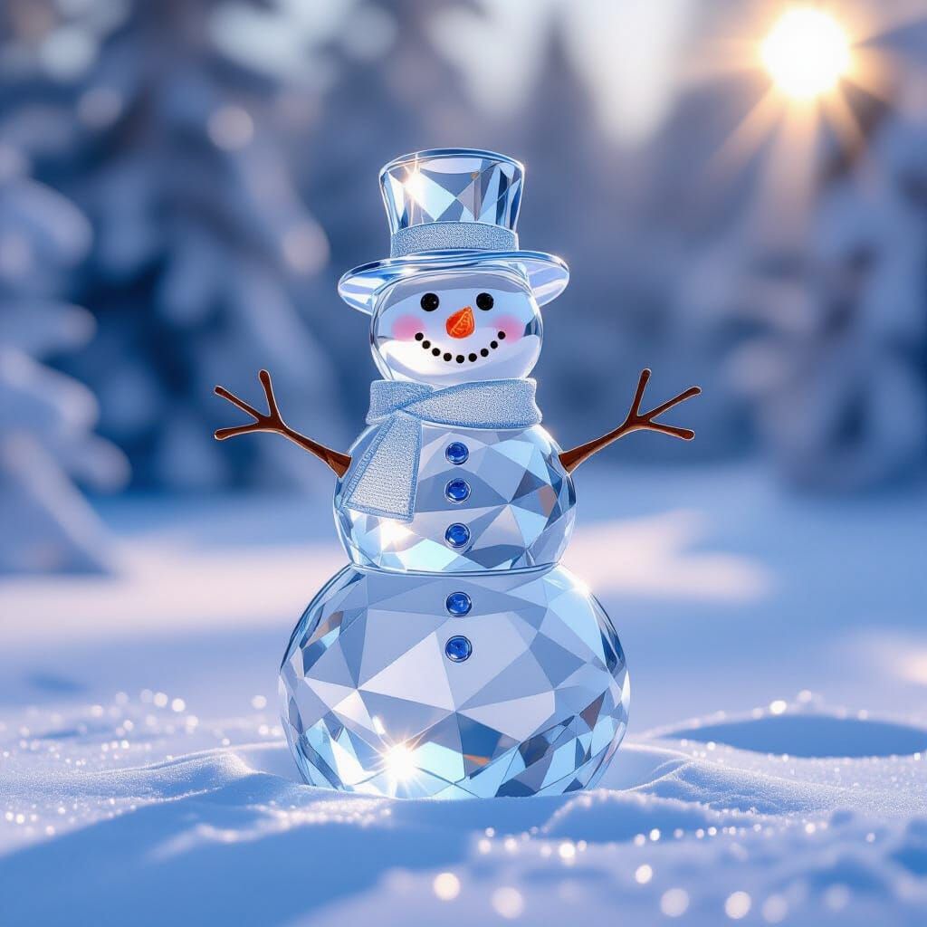Crystal Snowman in Serene Winter Landscape