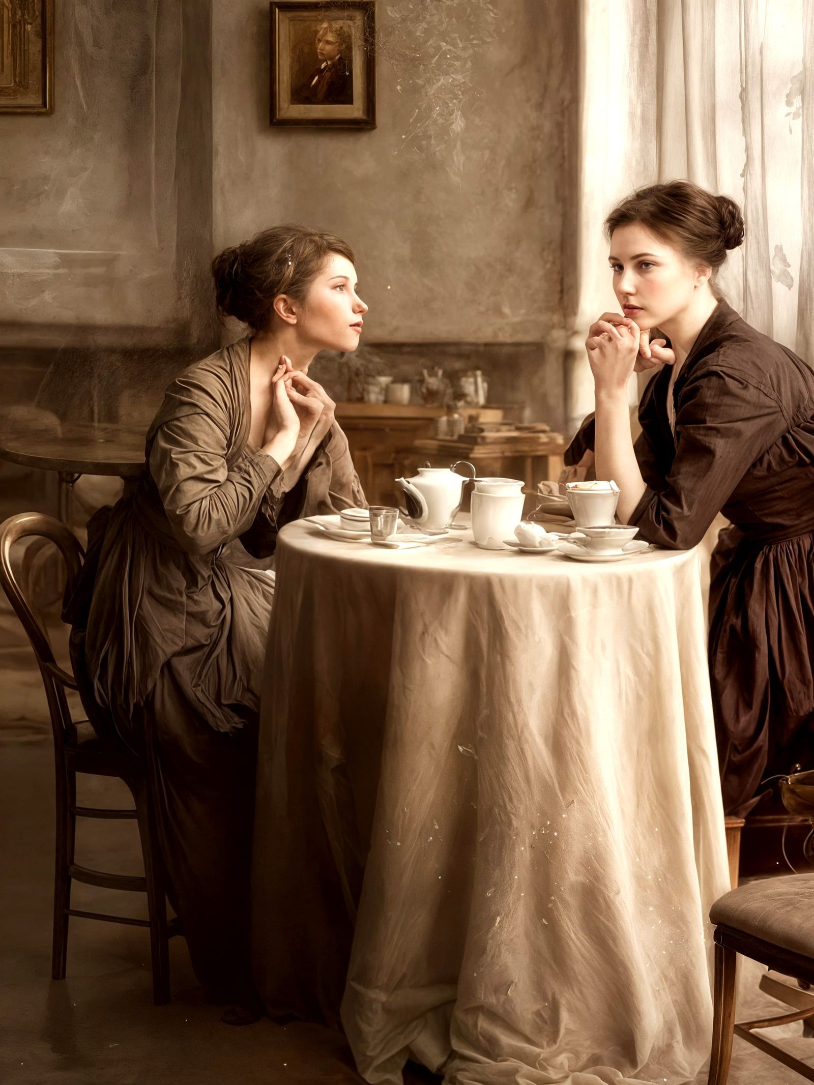 Beautiful Women Share Tea in Cafe: Photorealistic Portrait