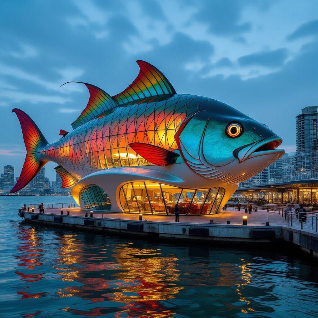 Futuristic Fish Restaurant on Waterfront in Organic Style