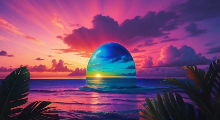 Crimson Sunset Over Tropical Island, Holographic Art