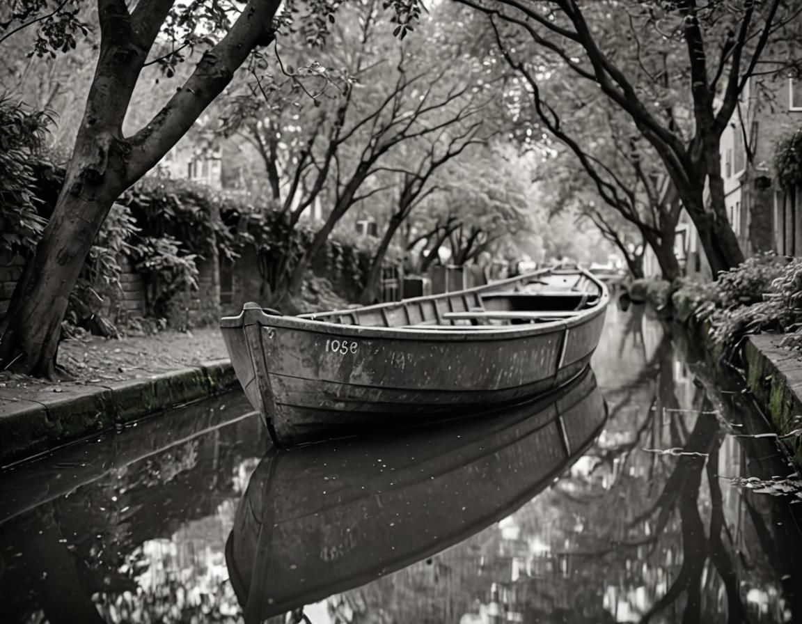 Weathered Longboat on Picturesque Canal: Greyscale Photograp...