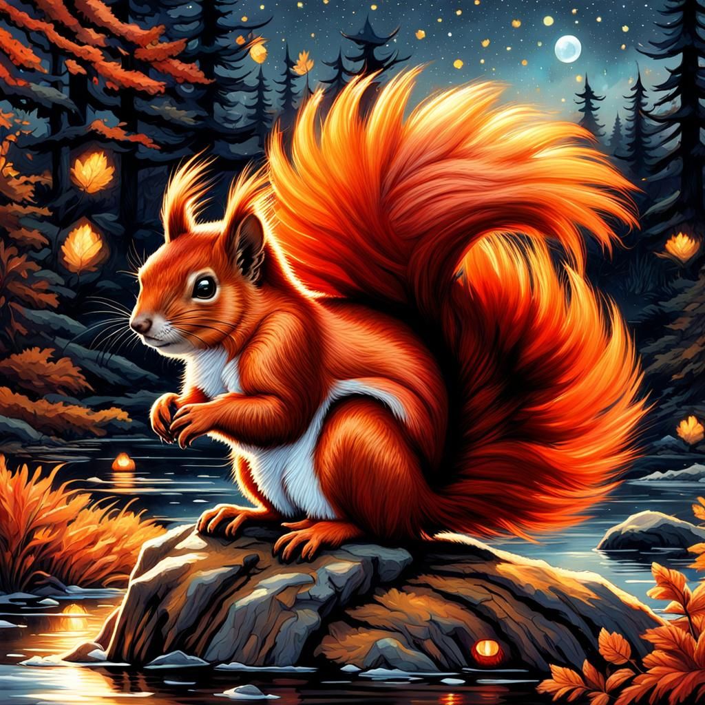 Bioluminescent Squirrel in Gothic Autumnal Forest Watercolor
