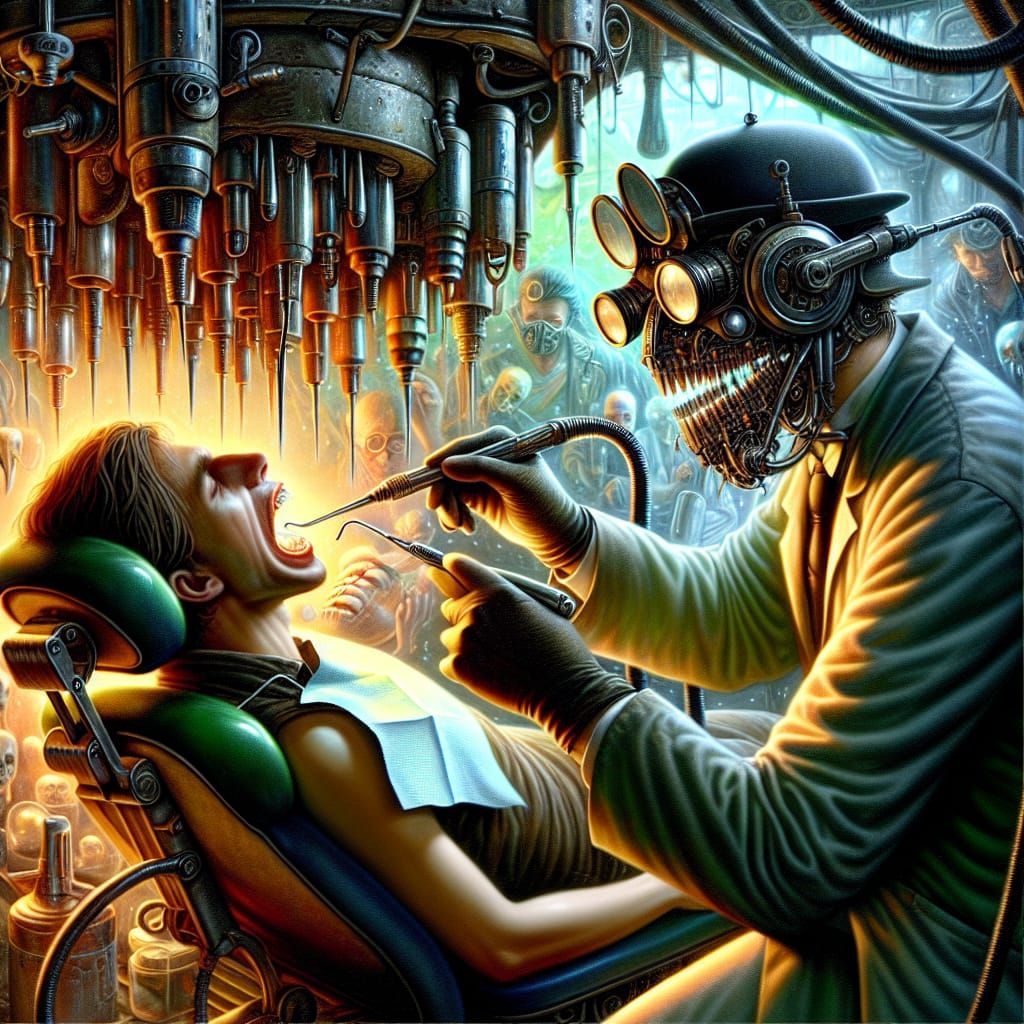 Steampunk Dentist Cleaning Teeth in Art Nouveau Style