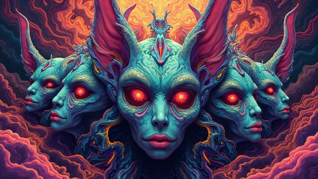 Vibrant Surreal Entities in Psychedelic Style