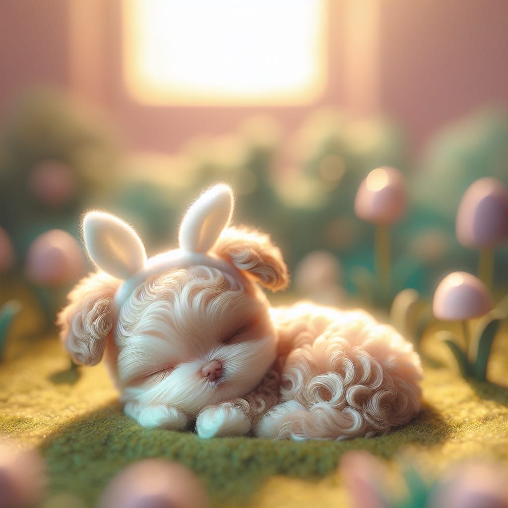 Sleeping Puppy with Bunny Ears in Pastel Field