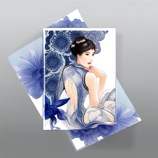 Chinese Woman in Qipao: Indigo Ink Watercolor Drawing