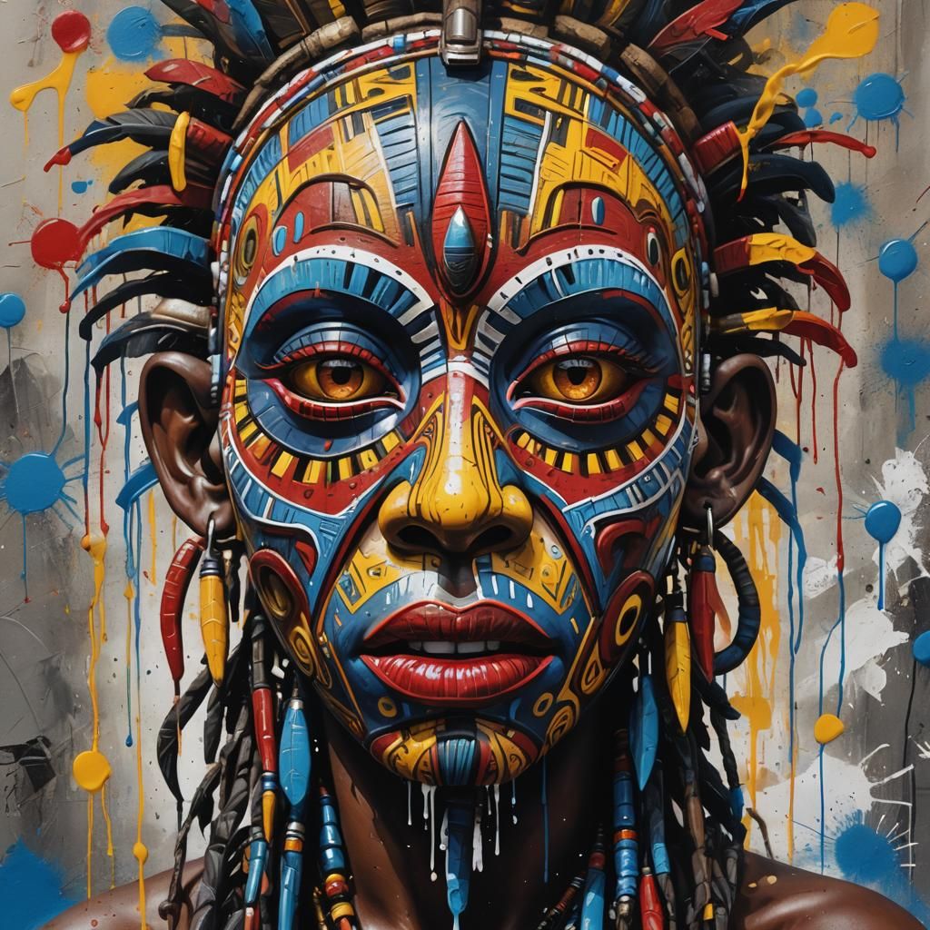 African tribal mask. Very bright colours. Hyper realistic oil painting. Red and yellow eye surrounds.black cheekbones. B...