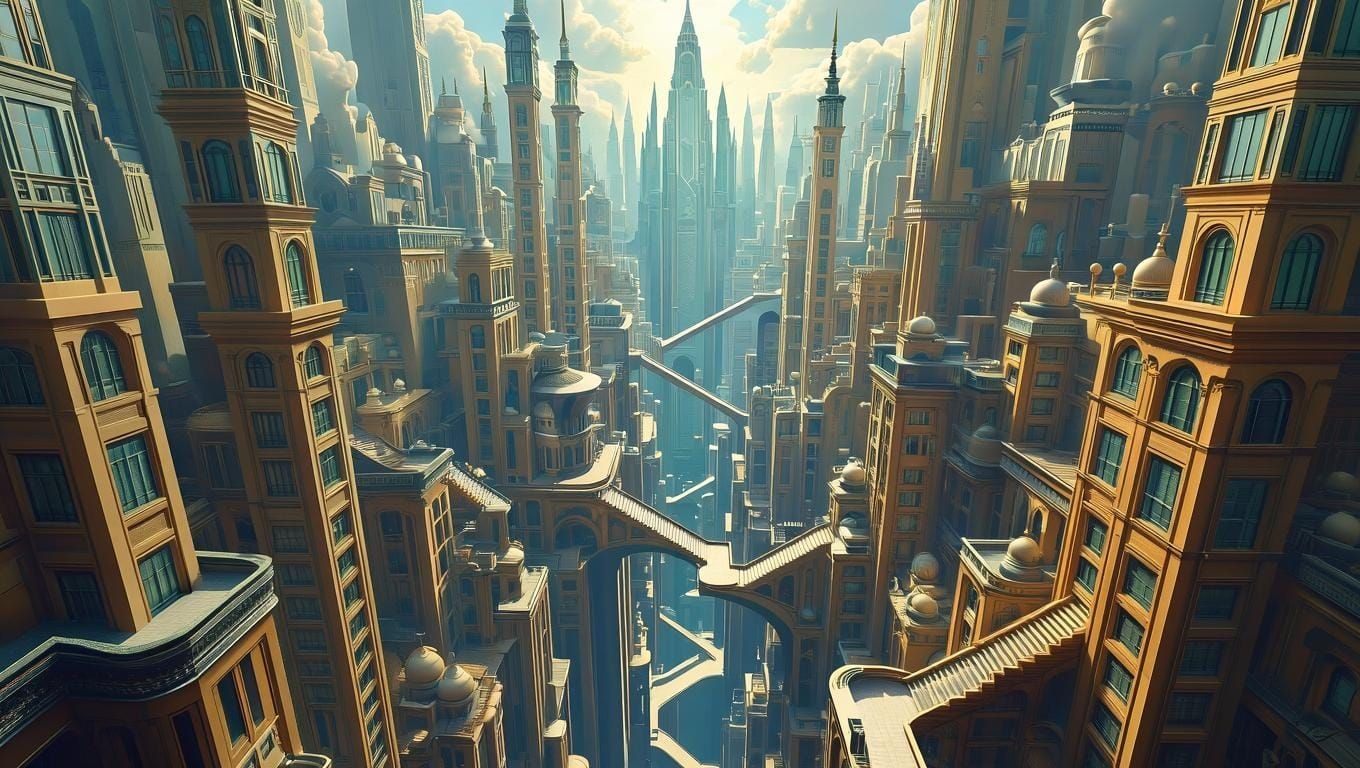 Surreal Cityscape in M.C. Escher Style