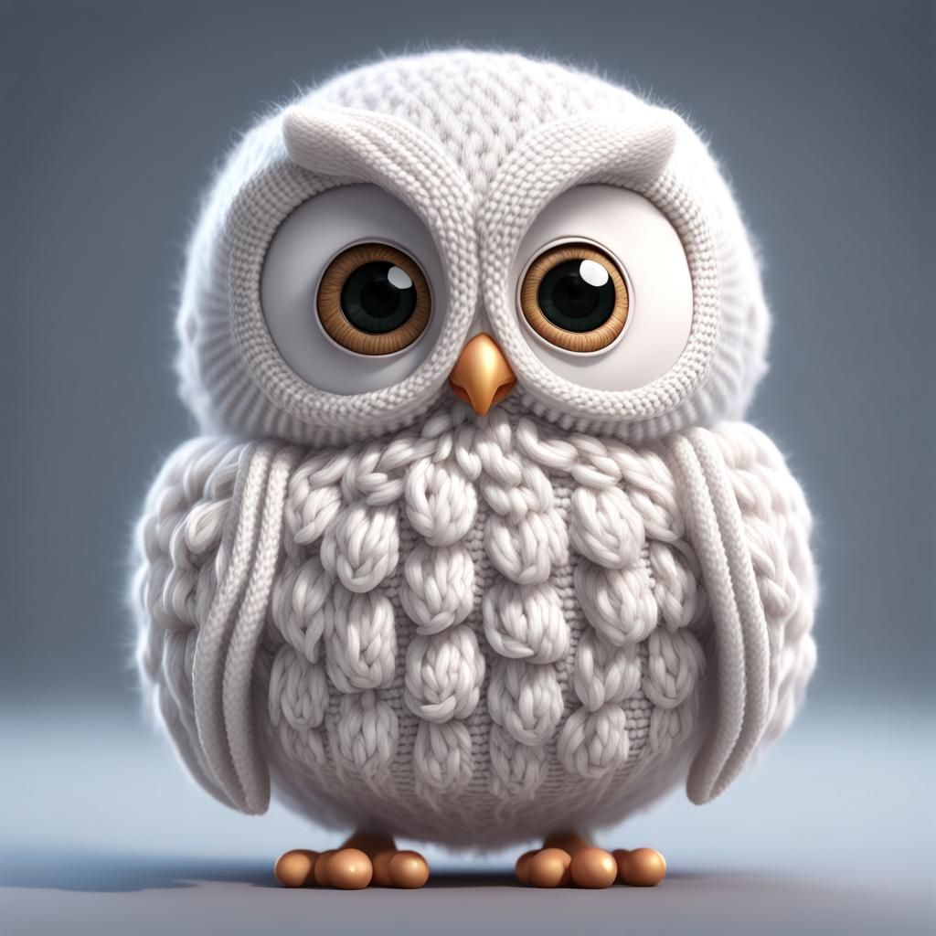 cute fluffy tiny white baby knitted yarn owl!!! Big beautiful eyes!!