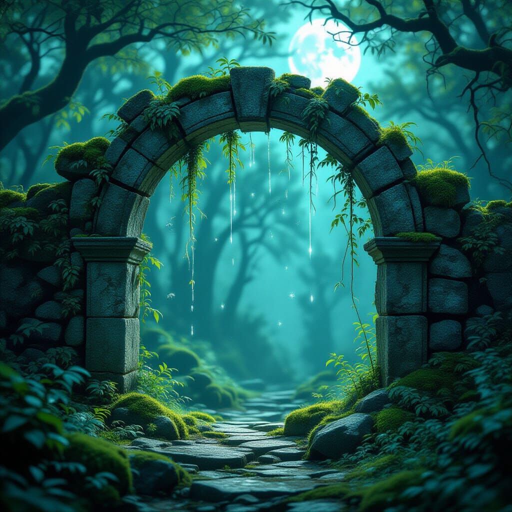Moonlit Forest Archway in Ethereal Fantasy Art Style